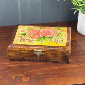 Vintage Wood Jewelry Box Floral Faux Leather Top Trinket Box with Rose Design